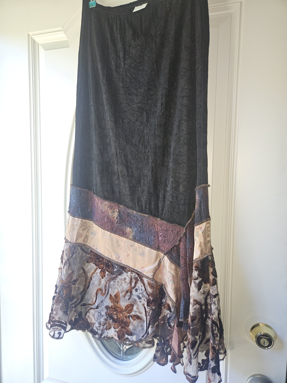 Vintage Black Maxi Skirt with Brown & Cream Floral Panels Small Side Slit